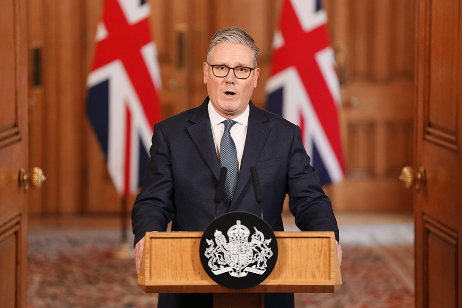 Prime Minister Sir Keir Starmer issues a statement at 10 Downing Street in central London.